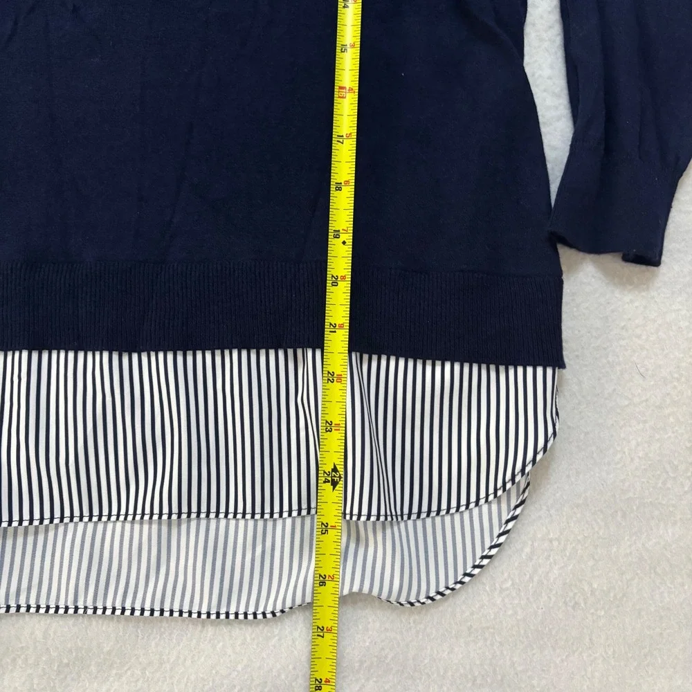 Lauren Ralph Lauren Navy Blue Striped Layered Mixed Media Sweater Top Large - Picture 6 of 7